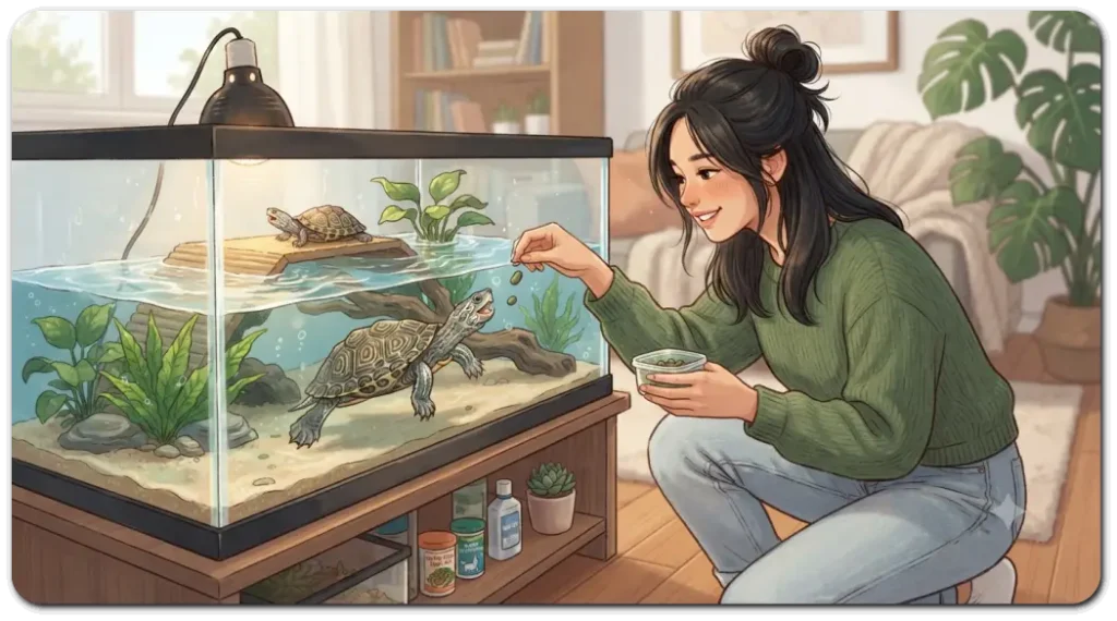 테라핀-키우는-반려인이-먹이를-주고있다