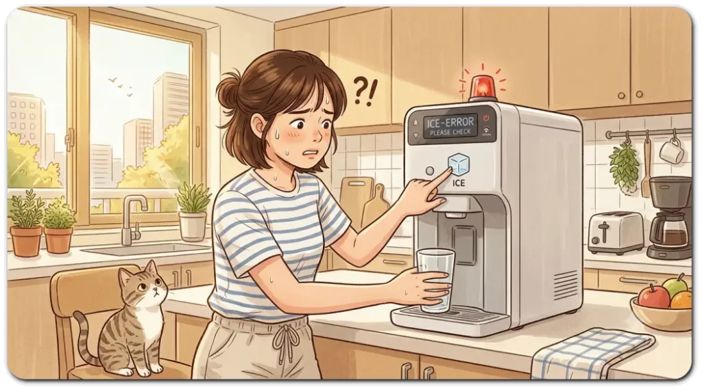얼음정수기-에서-얼음이-나오지-않아-당황한-사람