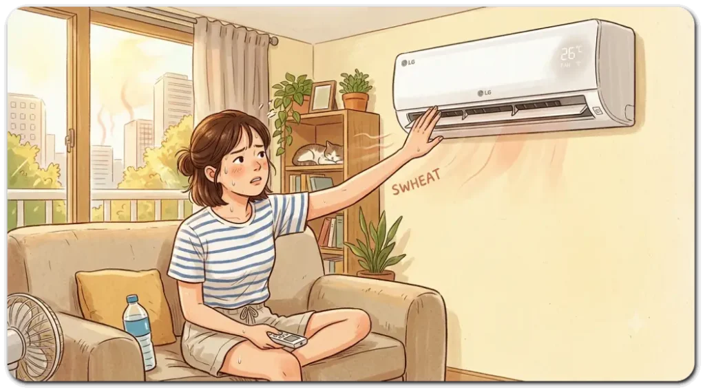 에어컨-찬바람-안나와-손을대고-있는사람